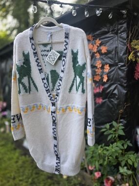 Loewe Cream Cardigan with Green Deer and Yellow Accents
